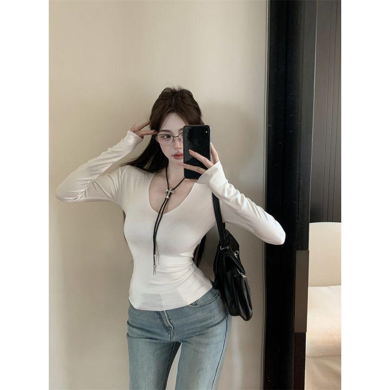 Kumikumi Gyaru Style Solid Sexy Temperament V-neck Long sleeves Shirt Women clothes Autumn Slim fit Slimming Versatile Top