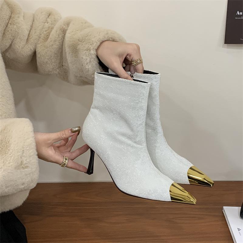 

2025 sexy velvet short boots autumn and winter new metal head splicing thin high heel with skirt temperament short boots thin boots 39 бежевий