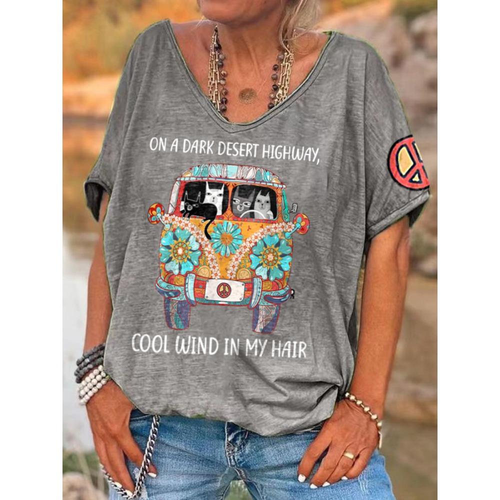 Hippie Damen V-Ausschnitt T-Shirt Sommer Strand Kurzarm Oberteile Lässig Locker Druck T-Shirts