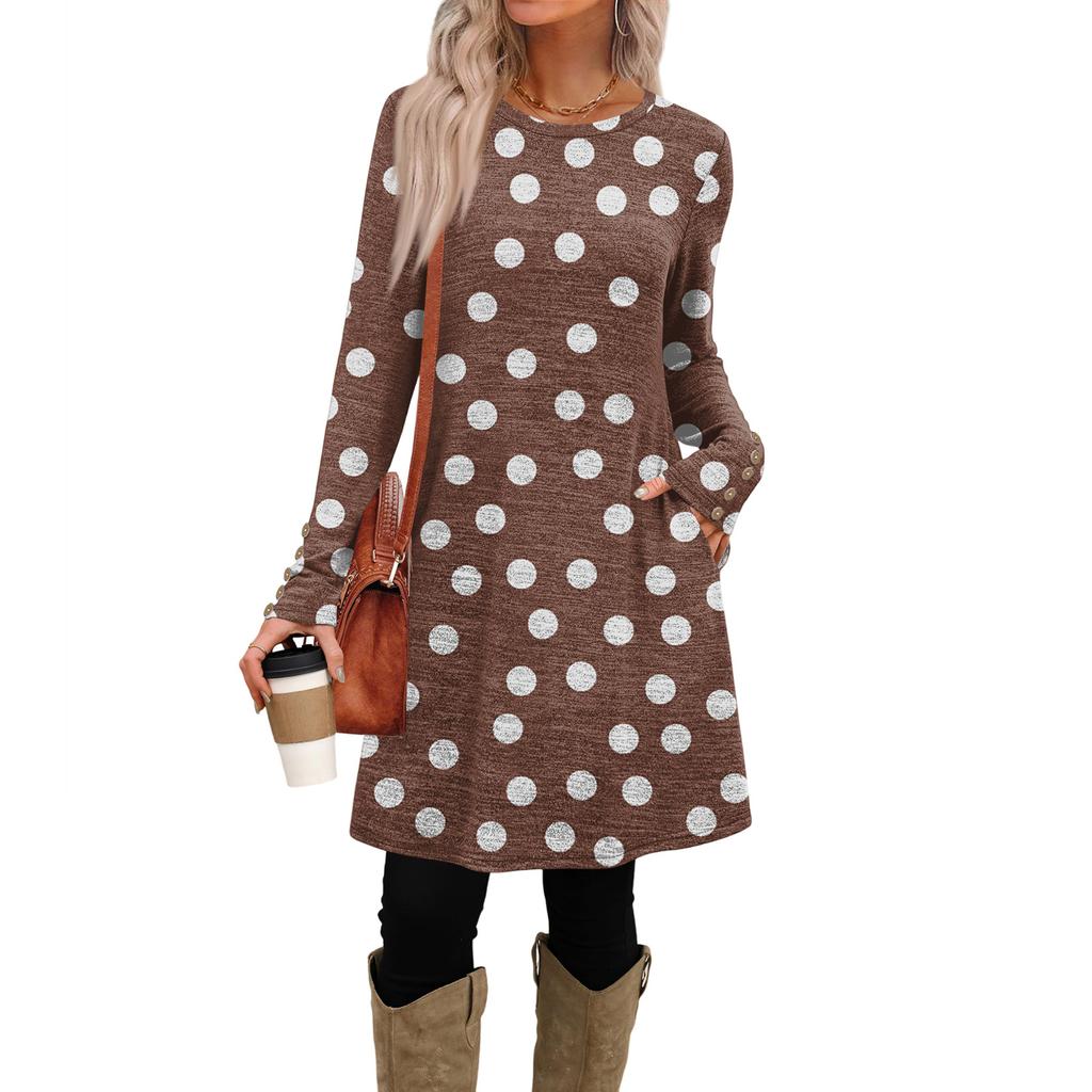 Women's Fashion Casual Dress With Pockets, Decorative Buttons, Polka Dot Prints, Round Neck And Long Sleeves