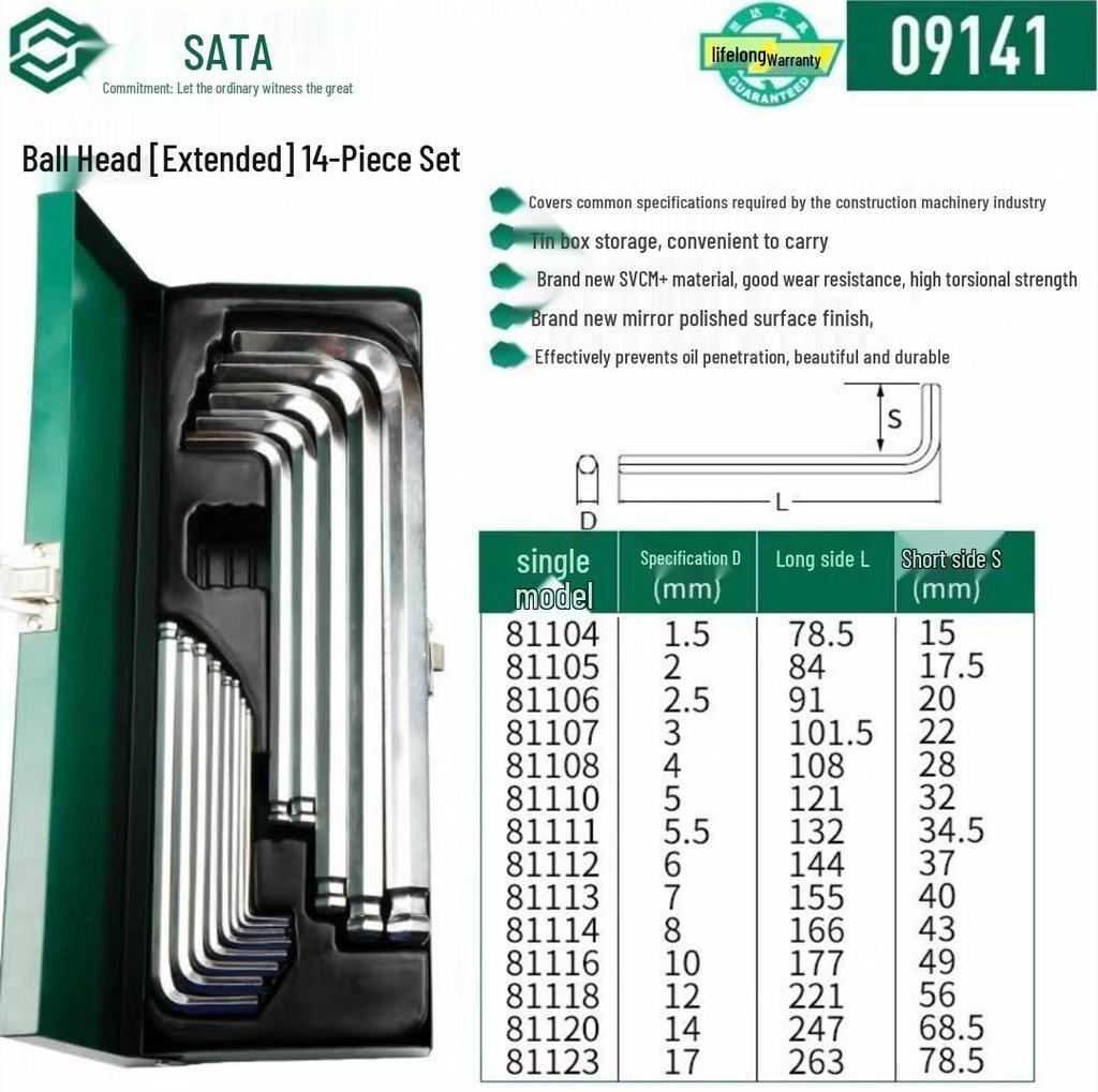 Hex Wrench Set - Mini, Extra Long, Ball & Flat Head, Available in 7, 8, 9, 10, 14 Pieces (Model 09105)