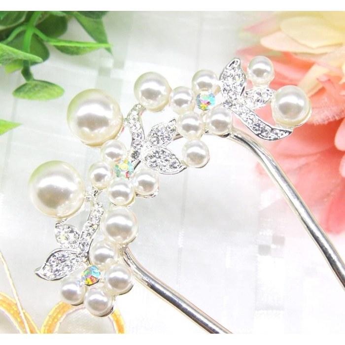 [Miaomyao] Hairpin U-Shaped Hair Ornament Japanese Style Yukata Kimono Pearl Hair Comb Flower Hair Accessory Silver Large Size