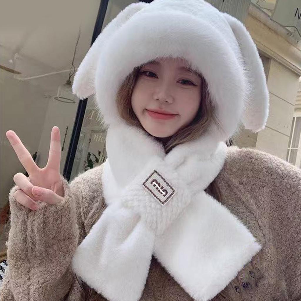 Women's Fleece Bunny Ear Hat Scarf Cute Animal Earmuffs with Neck Warmer Winter Soft Plush Beanie with Long Ears