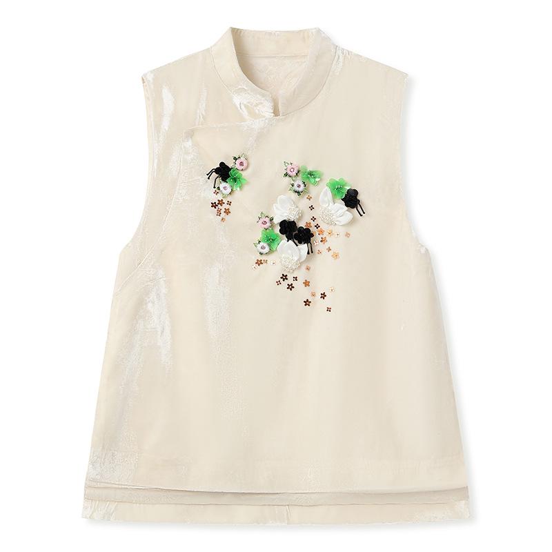 White Beaded Embroidery Vest with Stand-up Collar Shirt and Skirt - New Chinese Style Suit for Women, NZ019