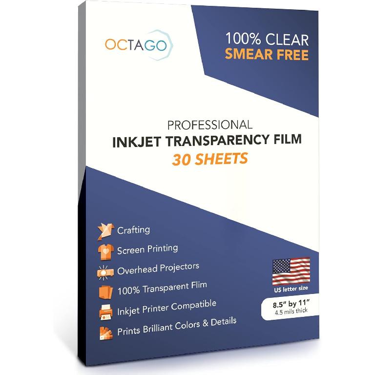 Inkjet Transparency Film - Inkjet Transparent Paper for Overhead & Screen Printing - Thick Transparency Sheets & Printable Plastic Sheets for Crafts