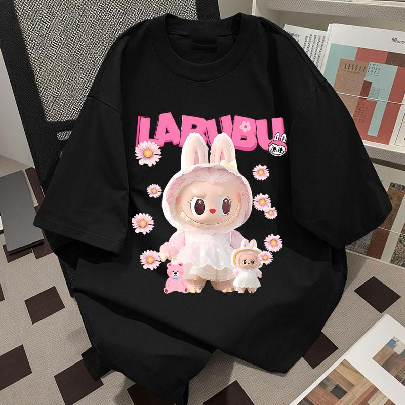 Fashion LABUBU printed T-shirt women's round neck new summer loose short-sleeved clothes