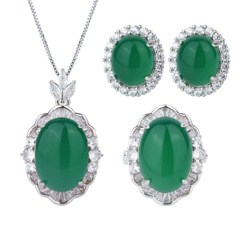 Jewelry Ice Seed Fluorescent Denier-Shaped Green Chalcedony Light Body Jade Pendant Three-Piece Set Main 13 * 18-10 * 12