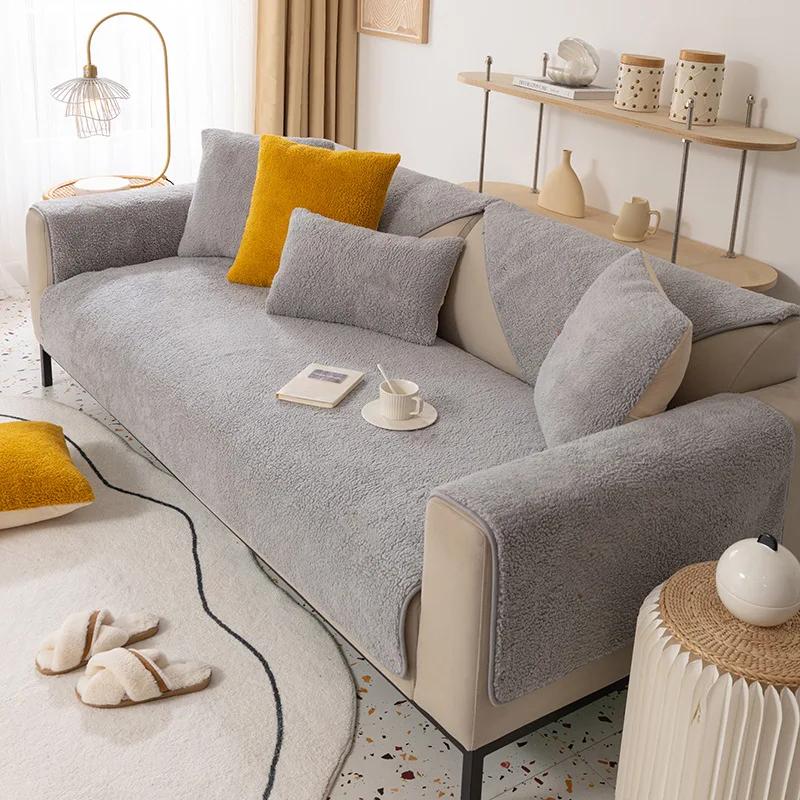 Neu Lamm Fleece Sofa Kissen Warme Dicke Rutschfeste Plüsch Kissen Winter Solide Nordic Sofa Abdeckung