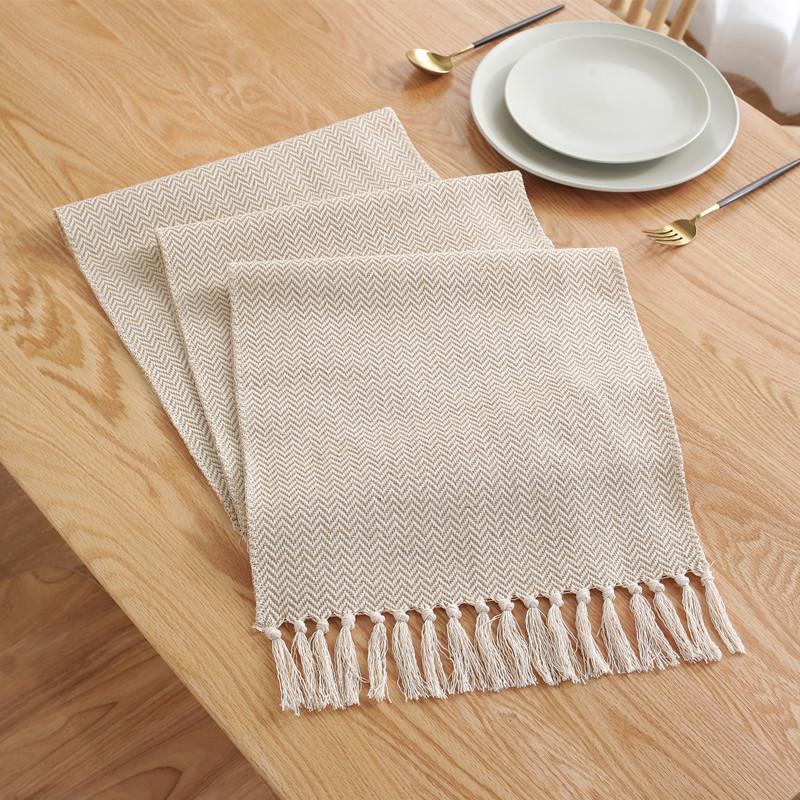 Scandinavian Style Woven Table Runner Cotton Linen Christmas Decor Solid Color Fringe Jute Tea Table Cover