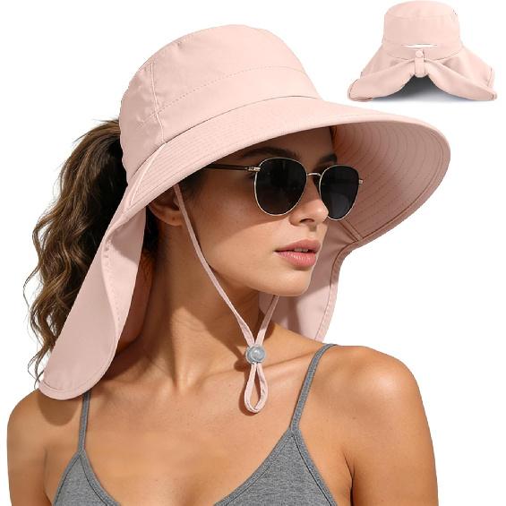 Ruqizhi Sun Hats for Women with Neck Flap Ponytail Hole Women Sun Hats Rollable UV Protection Fishing Hats Wide Brim UPF 50+