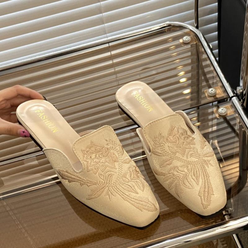 Fashion Spring New Baotou Slippers Women's Square Head Shallow Mouth Embroidery Satin Soft Sole Anti-slip Wear-resistant Flat Shoes