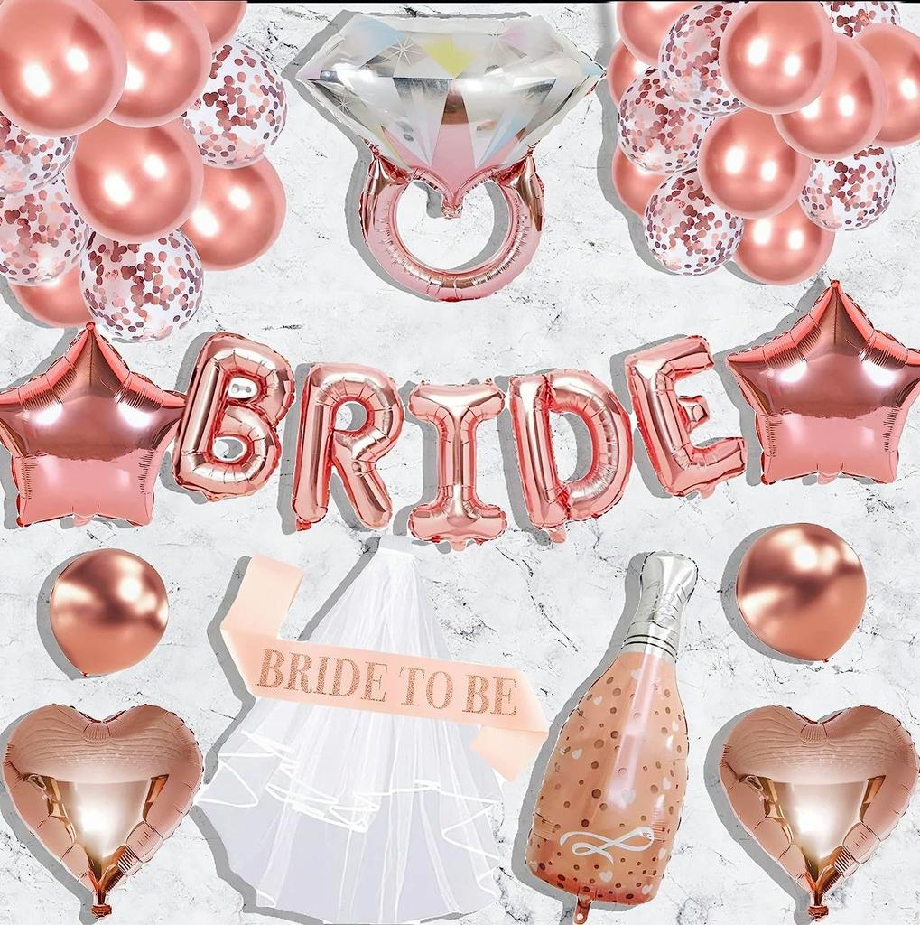 Bachelorette Party Decoration Bridal Shower Rose Gold Backdrop Party Balloon Diamond Ring Balloon Bridal Veil