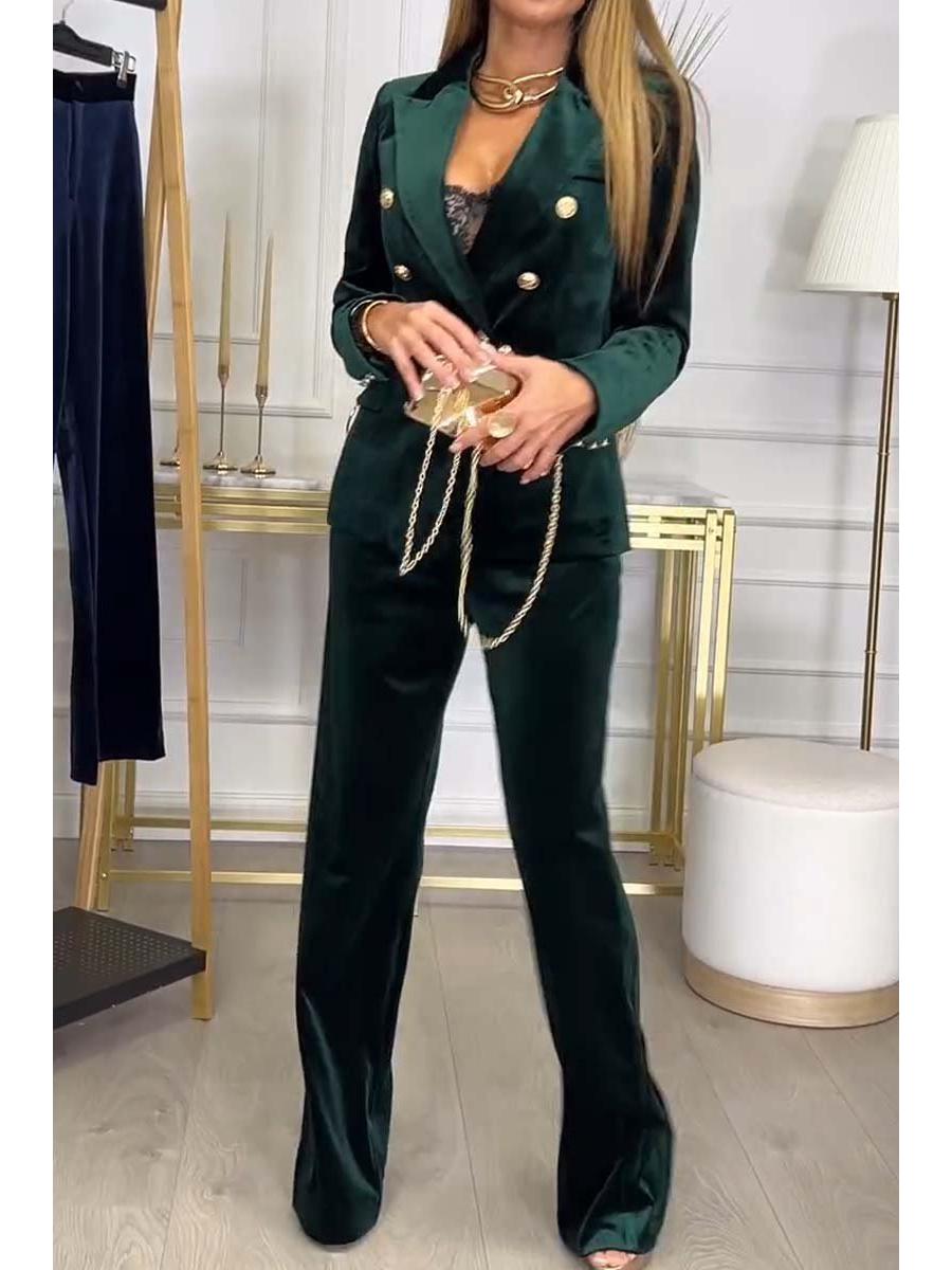 

Европейский и американский женский бархатный двубортный костюм-двойка Extra Large зелёный