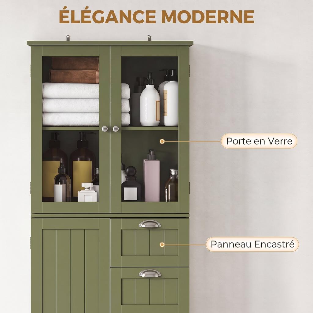 Tall Storage Unit, Cabinet with Glass Doors and Adjustable Shelves, Green