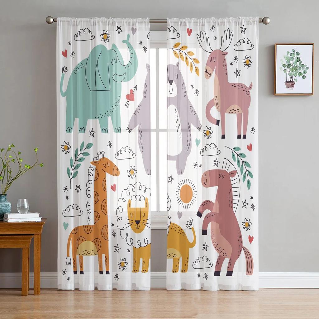 Transparente Vorhänge mit Aquarell-Wildtieren für Wohnzimmer, moderne modische Volantvorhänge für die Küche, Tüllvorhänge