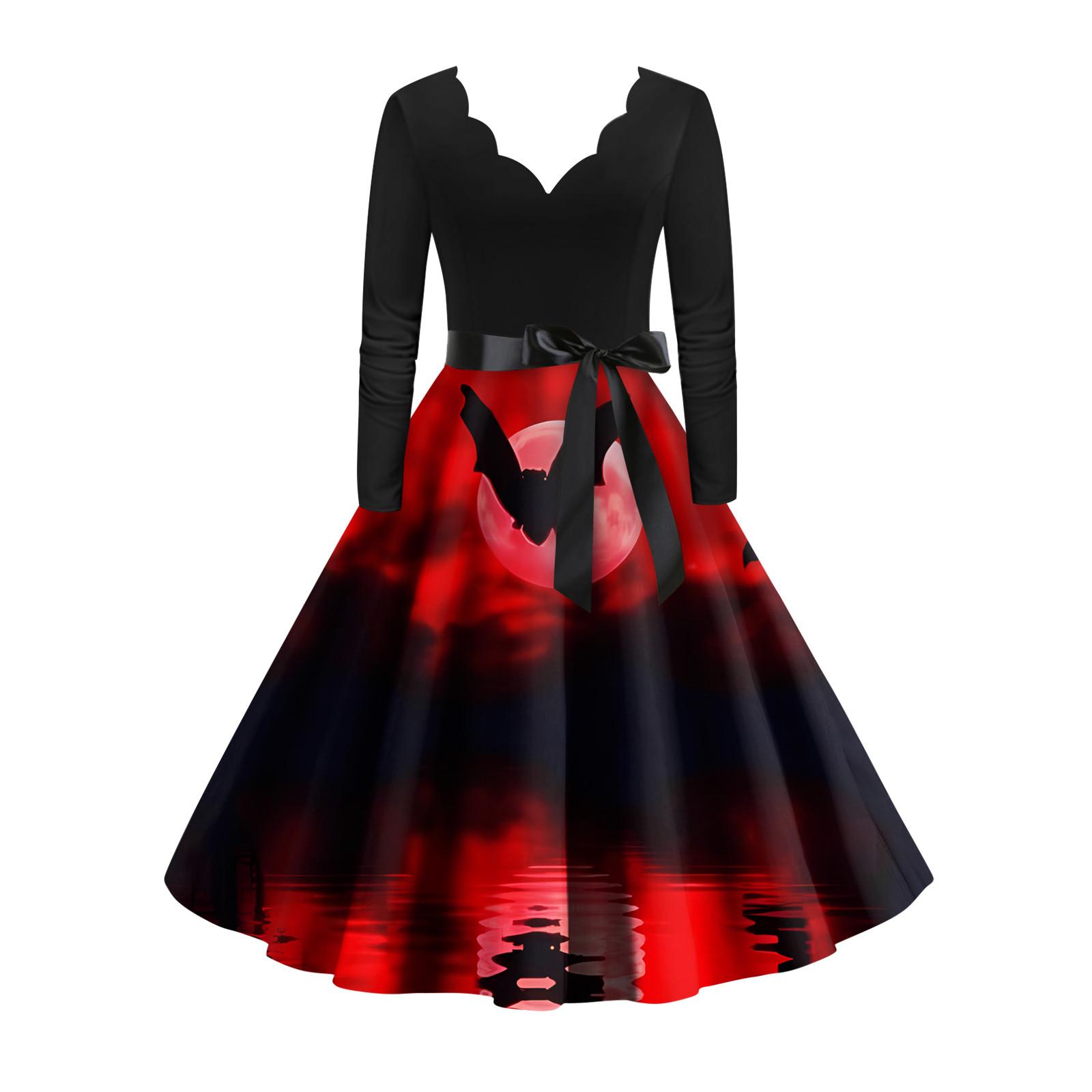 

Женское винтажное классическое платье с вырезом на талии и галстуком-бабочкой с длинными рукавами на Хэллоуин с принтом и V-образным вырезом, свободное платье S винный