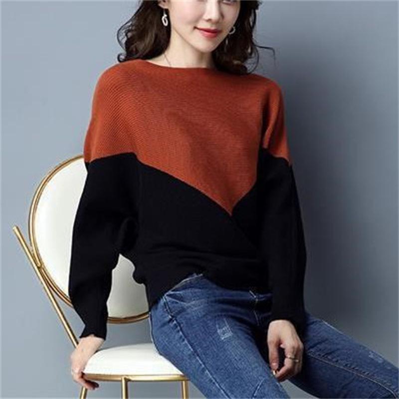 Design sense one-word neck knitted sweater women's long-sleeved fashion contrasting colors versatile loose bat-sleeved knitted sweater top women