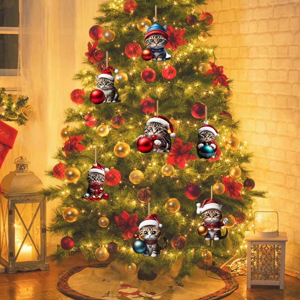 Christmas Advent Calendar with Santa Hats Hanging Cat Ornaments Acrylic Mini Xmas Tree Cat Pendant for Kids Toddlers Xmas Gifts