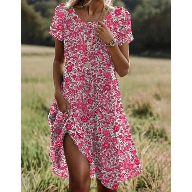 Women's Fashion Summer Spring Polka Dot Print Short Sleeve O-Neck Loose Waistline Casual Dresses