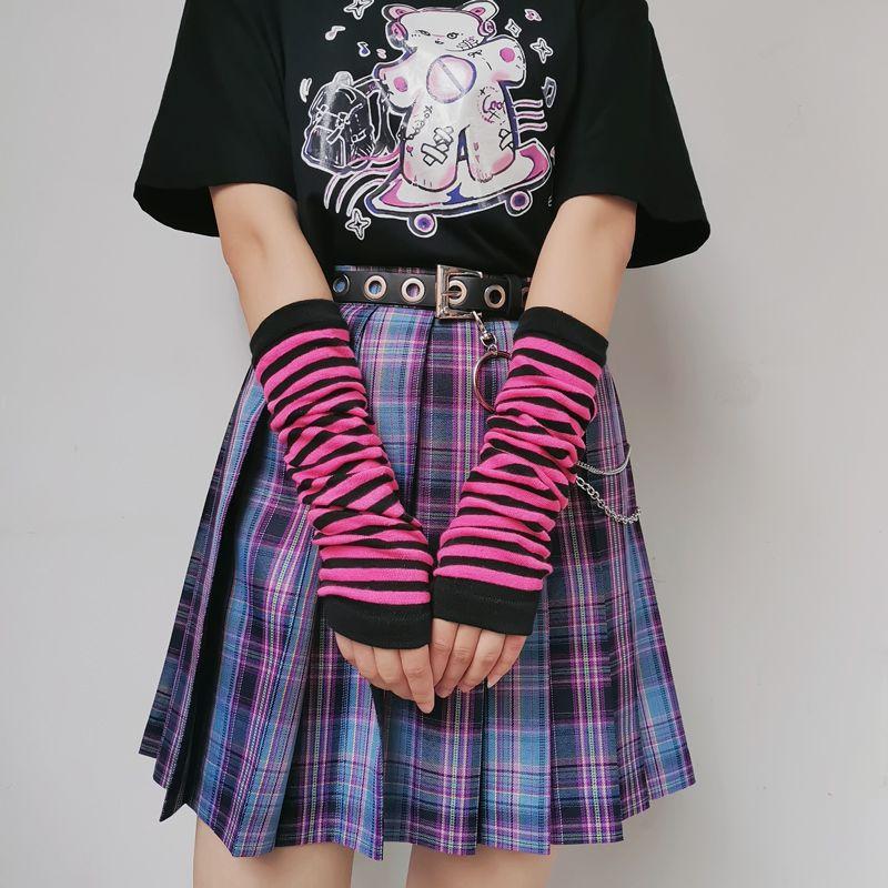 

Харадзюку Сексуальные Перчатки Лолита Лолита Нарукавник Лолита Танцы JK Половина Пальца Полоски Открытый Палец Розовые Нарукавники Женские Rose Red Stripes(Pair)