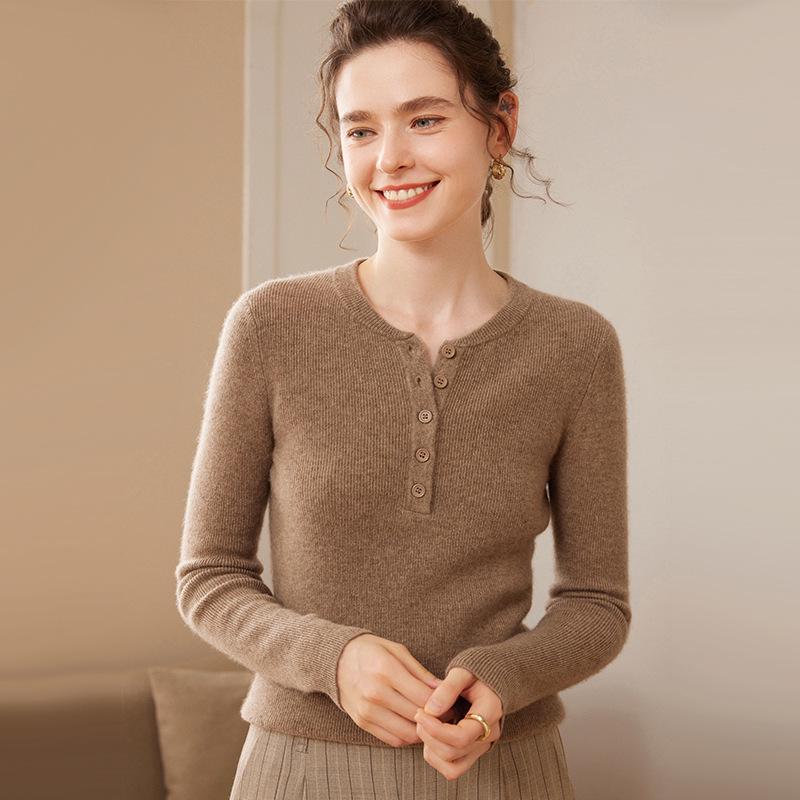 Women's Cashmere Knit Slimming Sweater: French Style, Button-Up, Half-Open Collar, Long Sleeve, Round Neck, Warm Base Layer for Autumn/Winter.