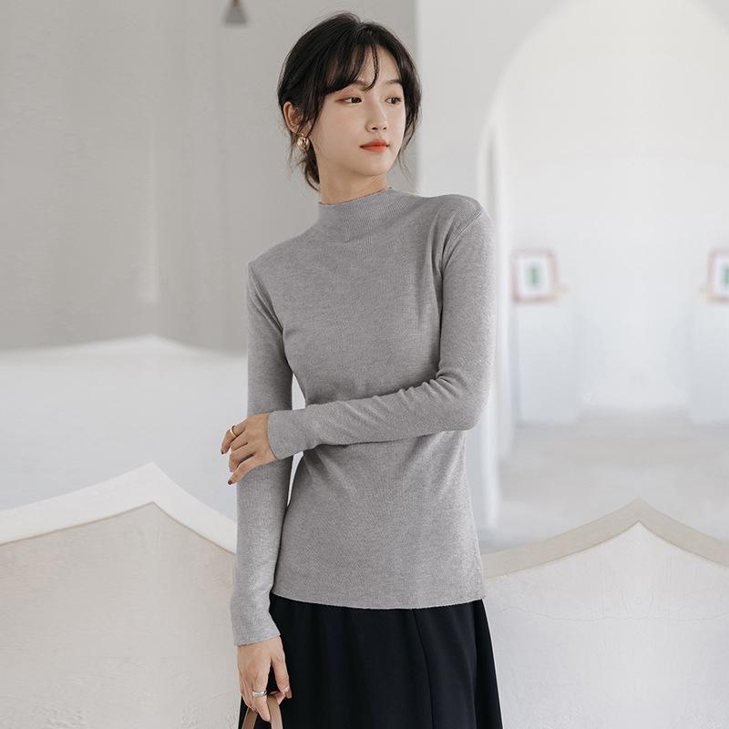 Fall Winter Half Turtleneck Sweater Slim Top Long Sleeves Solid Color Bottoming Sweater