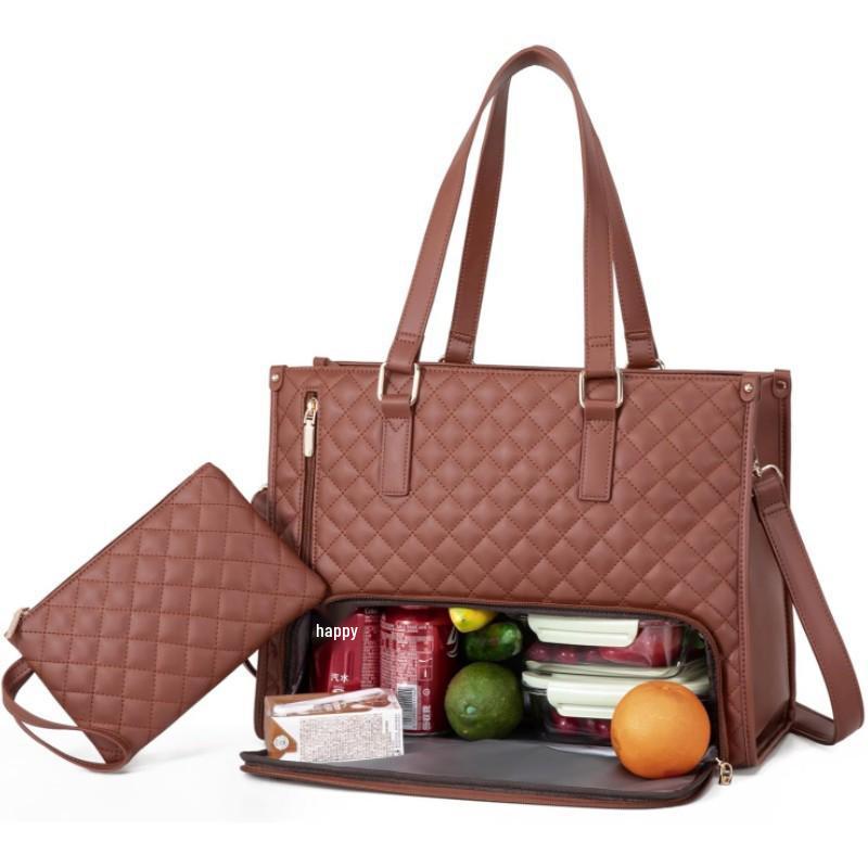 High-Quality Insulated Black Diamond Lattice Lunch Bag, Handbag, and Crossbody Tote