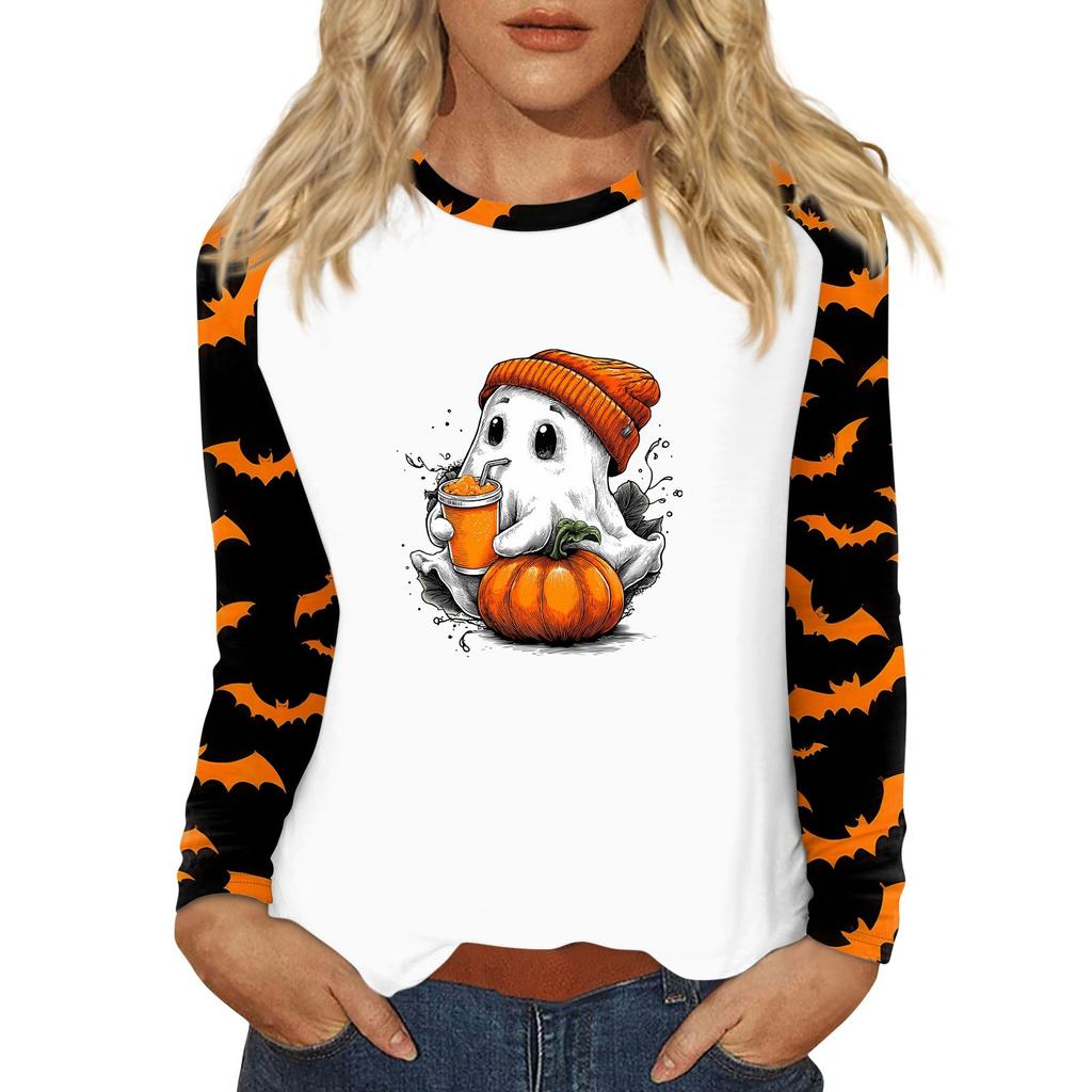 Damen T-Shirt Halloween-Print Langarm Täglich Mode Basic Rundhals Raglanärmel Oberteil