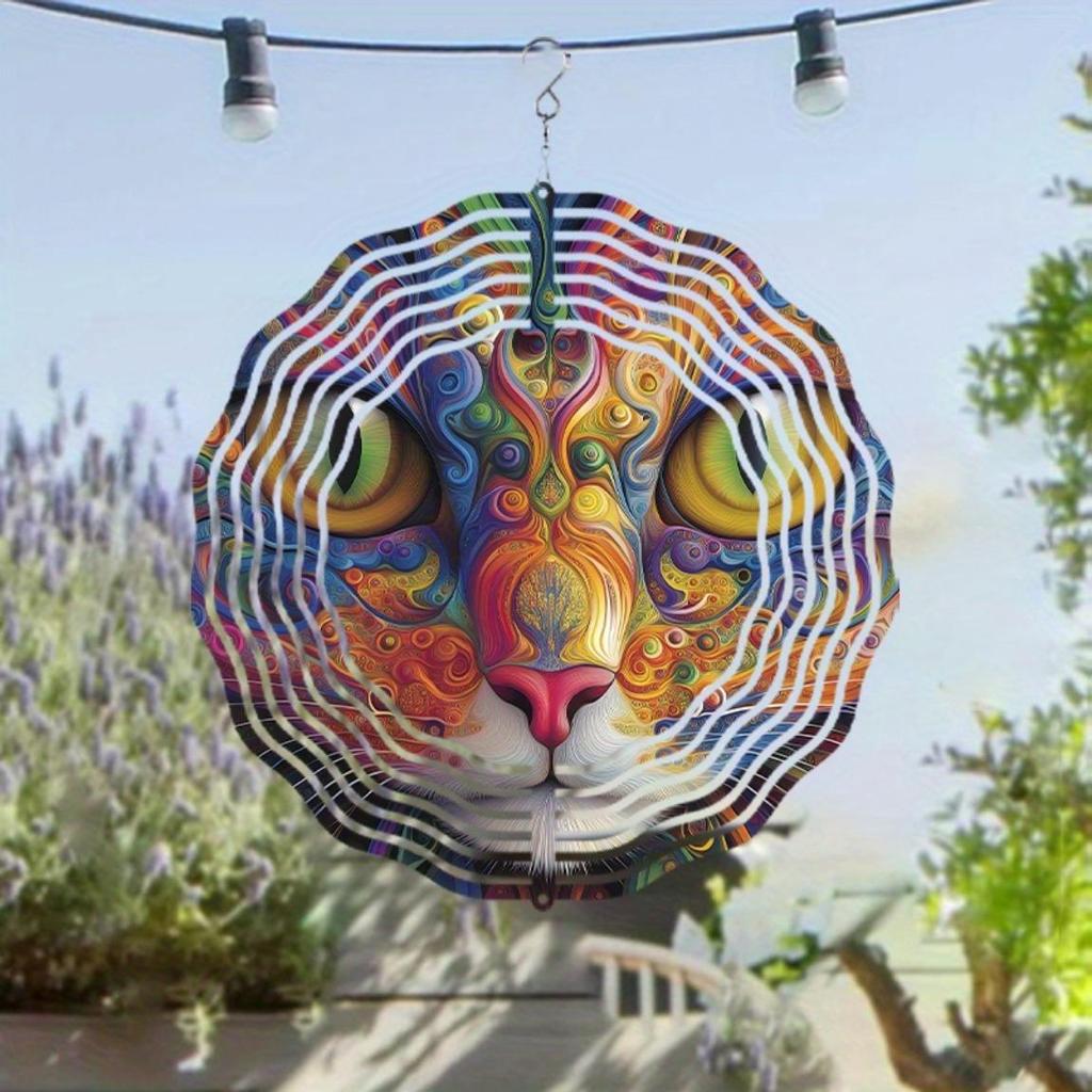 Metal Colorful Cat Wind Chime Handmade Outdoor Garden Decor Vibrant Swirling Patterns No Electricity Needed for Patio