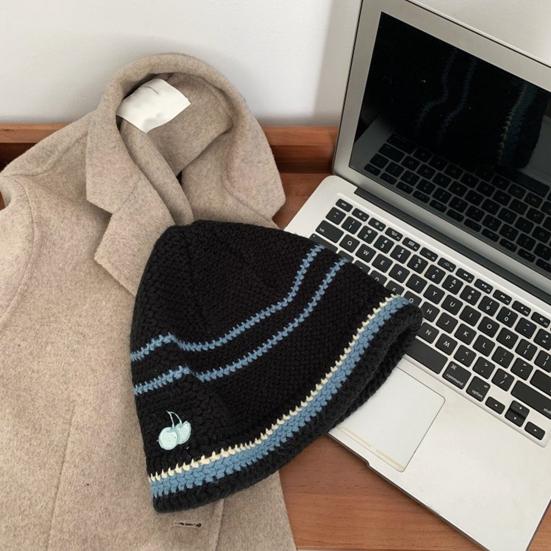 Women Bucket Hat Contrast Color Cherry Anti Deformation Windproof Autumn Winter Ear Protection Dome Fisherman Hat Outdoor Wear