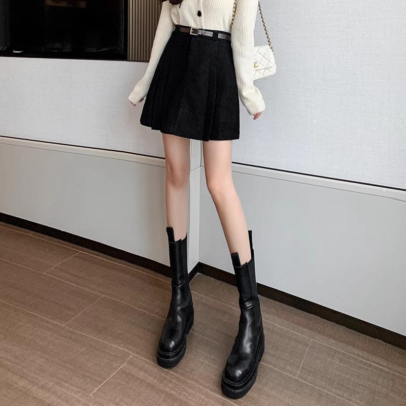 2024 Fall/Winter Korean Waistless Corduroy Pleated Mini Skirt - High Waist A-Line Design