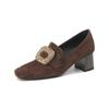 Retro Square Toe Coarse Follow-up Shoes for Women, Matte Deep Mouthed Rhinestone Square Buckle High Heels with Velvet for Women