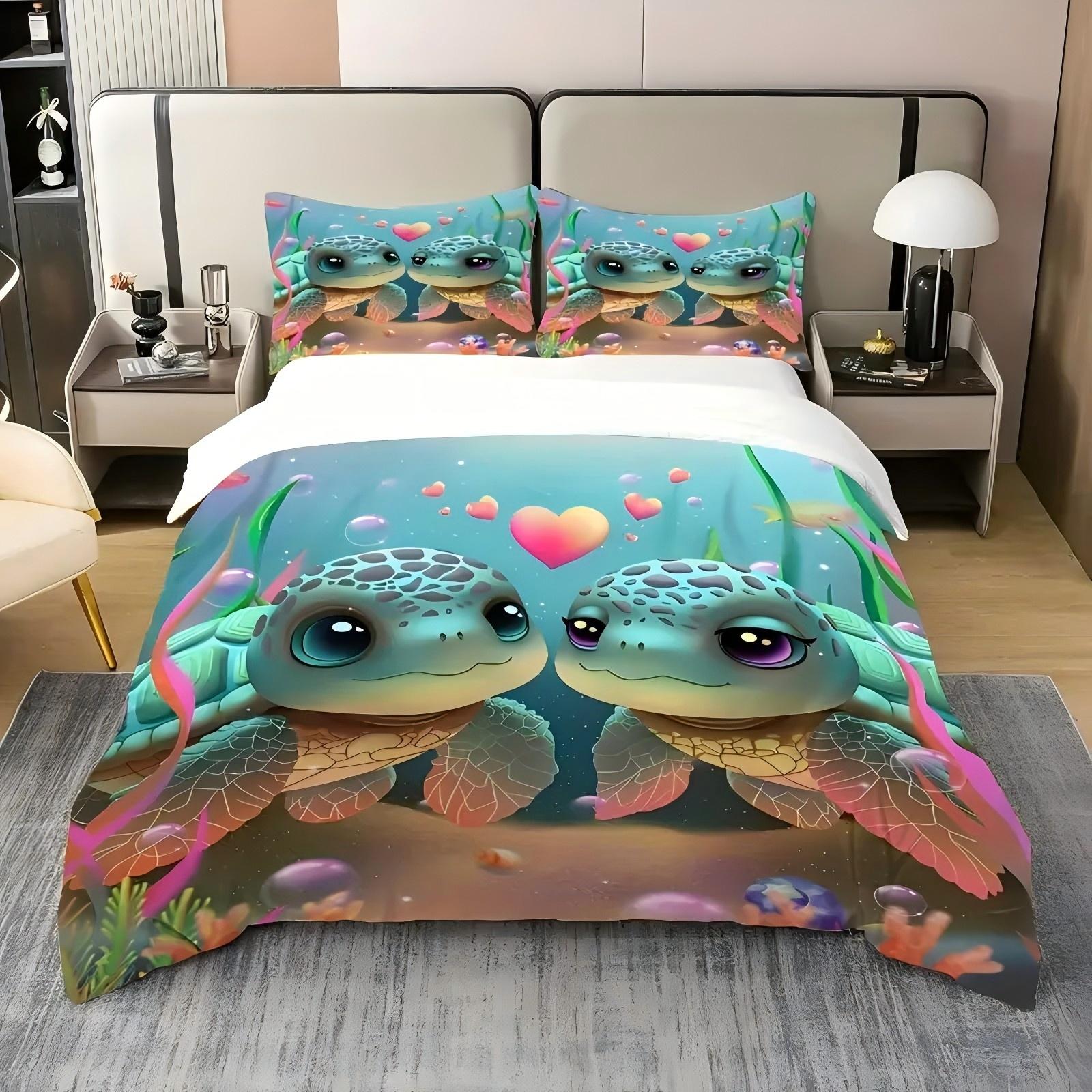 

Cute Turtles Pattern 3D Printed Duvet Cover Set Cartoon Couple Style Bedding Set Soft Comfortable Luxury Quilt Cover Pillowcase 135x200cm 2pcs