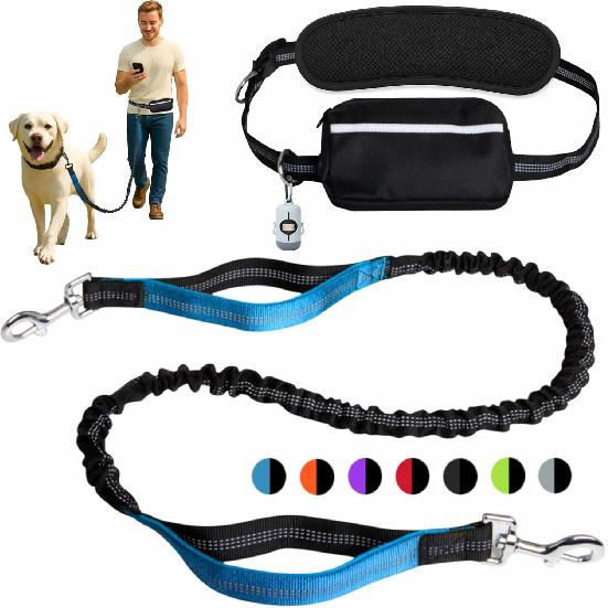 Hands-Free Dog Leash for Dogs up to 130 lbs – Heavy-Duty, Shock-Absorbing Bungee Leash with Zipper Pouch, Dual Padded Handles & Adjustable Waist