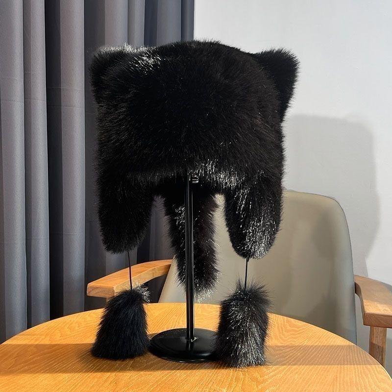 Women's Winter Fluffy Lei Feng Hat with Raccoon Tail and Faux Fur Ear Flaps