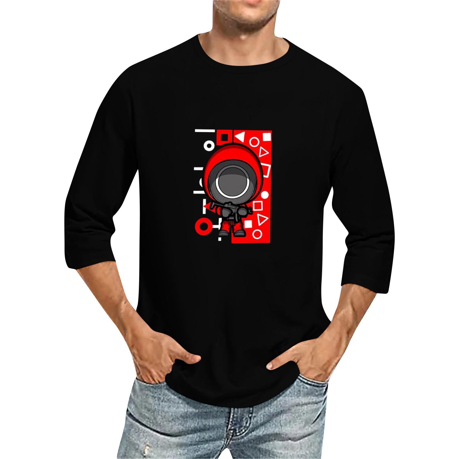 

Men s Fashion Casual Seven-Point Sleeve Print Round Neck Top S чорний