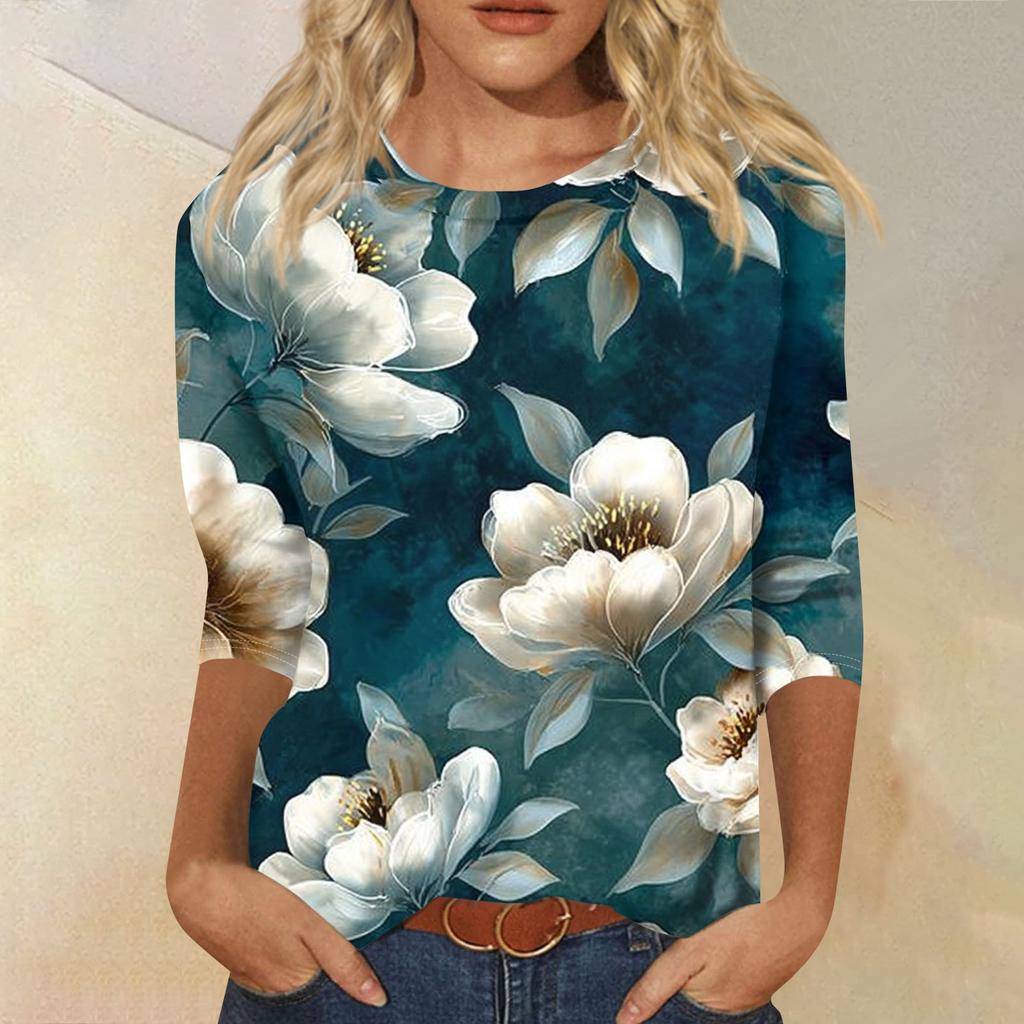 Women's Fashion Casual Round Neck Three Quarter Sleeve Printed T-Shirt Top