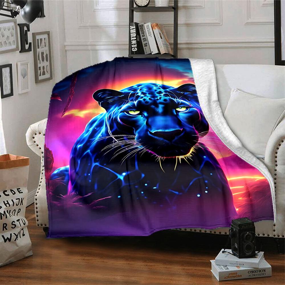 1pc Neon Panther Print Blanket Lightweight Flannel Blanket Throw Blanket For Sofa, Bed, Travel, Camping, Livingroom, Office Yy251015197