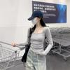 Simple square collar leaking collarbone top women's spring new card waist pleated small long-sleeved T-shirt bottoming shirt