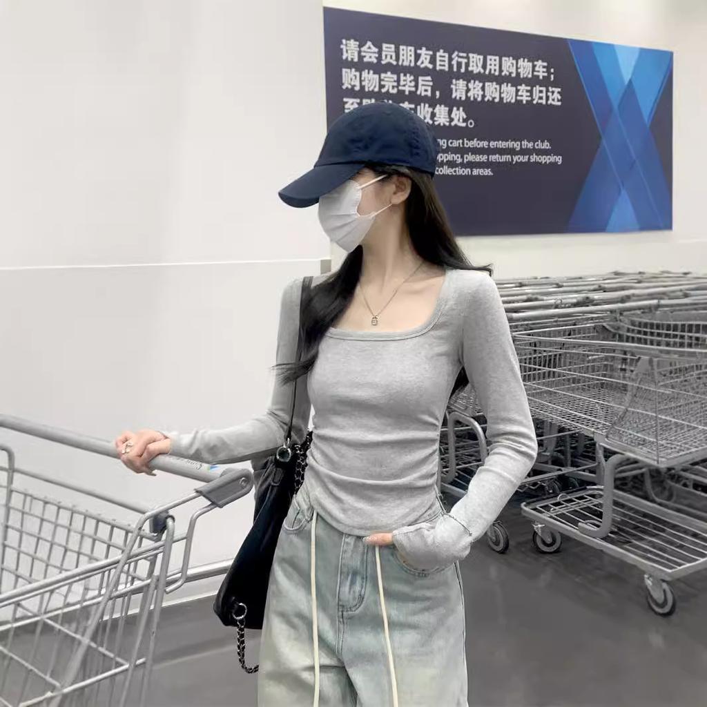 Simple square collar leaking collarbone top women's spring new card waist pleated small long-sleeved T-shirt bottoming shirt