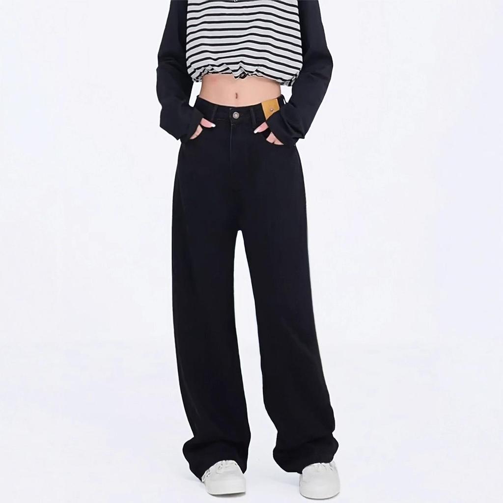 Jeans Noirs Droits Taille Haute pour Femmes en Forme Poire - Coupe Ample, Grandes Tailles, Automne/Hiver