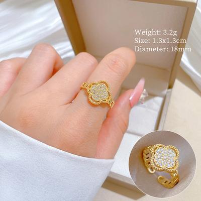 Echter Gold Licht Luxus Glücksklee Ring Öffnung Verstellbar Schlichter Schmuck Japanischer Ring Partnerring