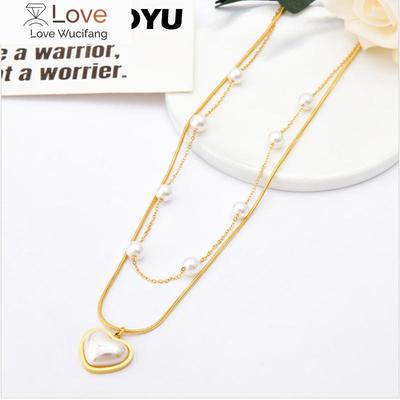 Stainless Steel New Romantic 2 Layer Pearl Heart Pendant Necklace For Women Girl Gift Trend Chain Fashion Jewelry Party