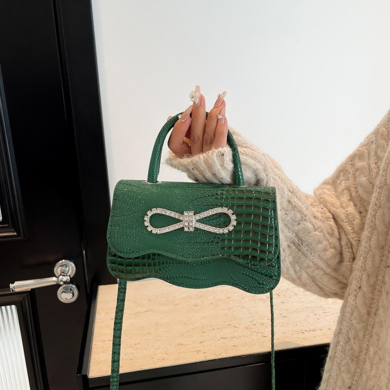 Crocodile Pattern Women'S Bag With Diamond Bow Retro Solid Color Casual Shoulder Crossbody Portable Small Square Bag Tide