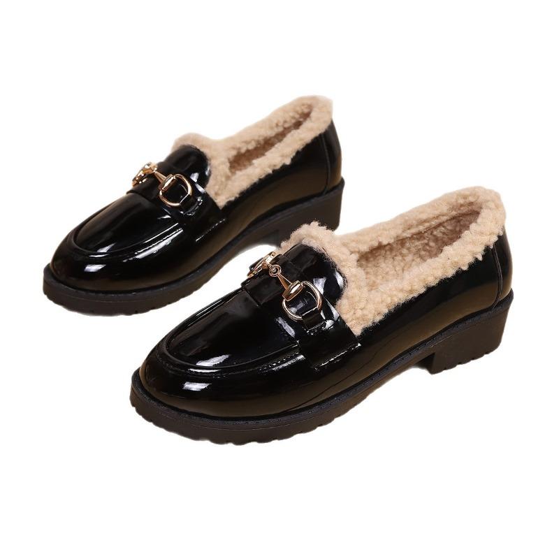 Women's Autumn British Style Leather Shoes - Low-Medium Heel, Fleece-Lined, Versatile