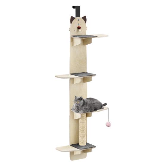 Scaffale ad Albero Verticale per Gatti da Appendere alla Porta, 4 Livelli, Mensole Multistrato con Tiragraffi, Cuscinetti, Pallina Giocattolo, Sopra