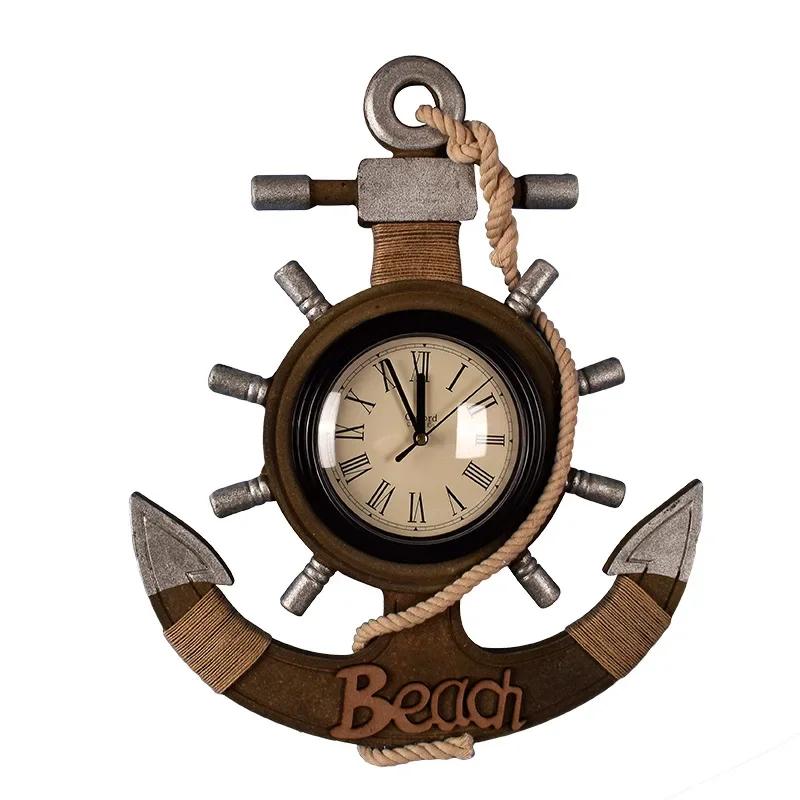 Mediterranean Style Vintage Vintage Ship Anchor Clock Wall Decoration Pendant Wooden Rudder Creative Silent Clock