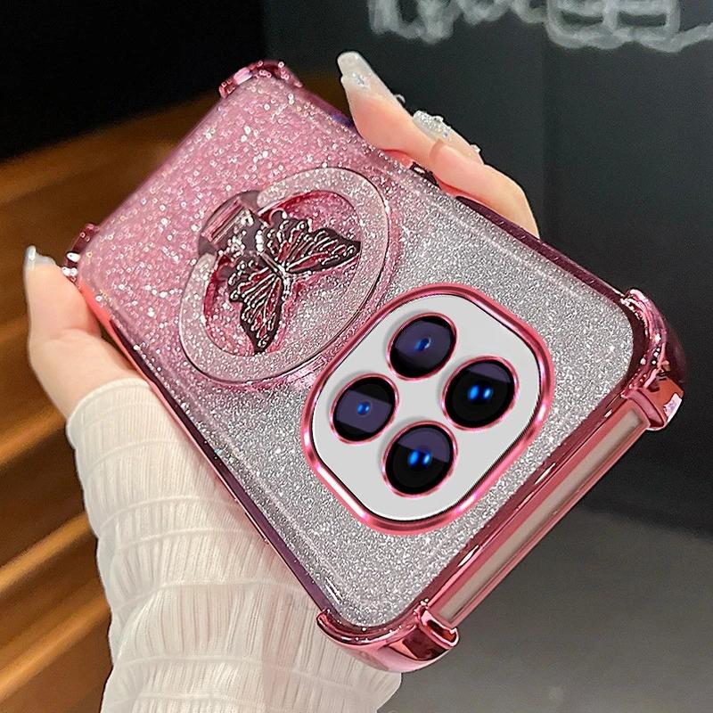 

Чехол силиконовый с блестками и бабочкой-подставкой с градиентным покрытием для Xiaomi Redmi Note 14 Pro Plus, противоударный чехол для Mi Poco X7 Redmi Note 14 Pro 5G розовый