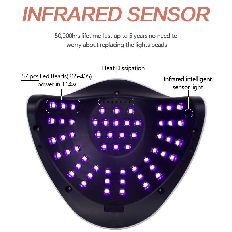 57LEDs UV LED Nail Lamp Acrylic Gel Dryer Lamp With Smart Sensor Low Heat Mode Purple Nail Art Salon Manicure Machine