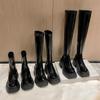 Raised bottom square head thick heel high boots women's 2025 autumn and winter new glossy thick-soled waterproof table elastic thin boots